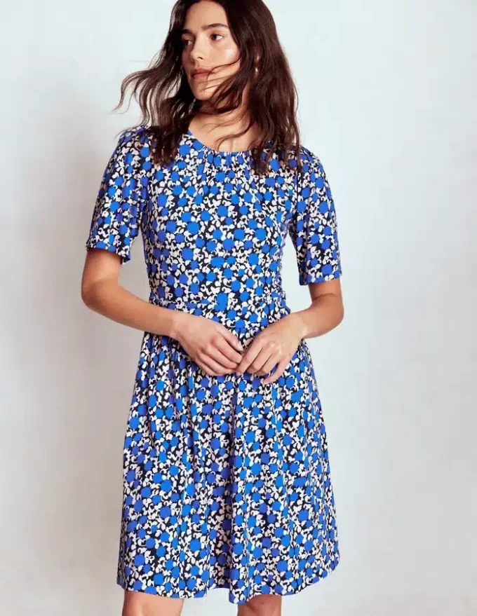 Louisa Short Jersey Dress Kingfisher Blue, Floweret Vine Louisa Short Jersey Dress Kingfisher Blue, Floweret Vine