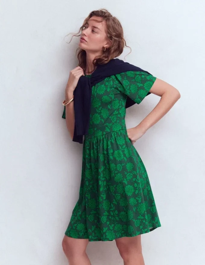 Louisa Short Jersey Dress Midnight Teal, Floral Frenzy