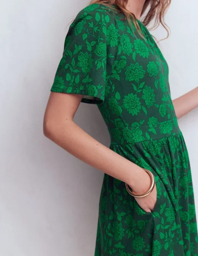 Louisa Short Jersey Dress Midnight Teal, Floral Frenzy