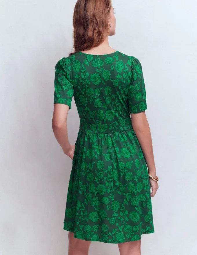 Louisa Short Jersey Dress Midnight Teal, Floral Frenzy