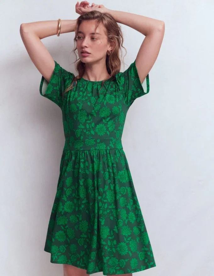Louisa Short Jersey Dress Midnight Teal, Floral Frenzy