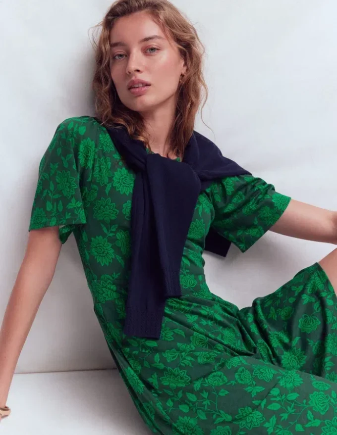 Louisa Short Jersey Dress Midnight Teal, Floral Frenzy