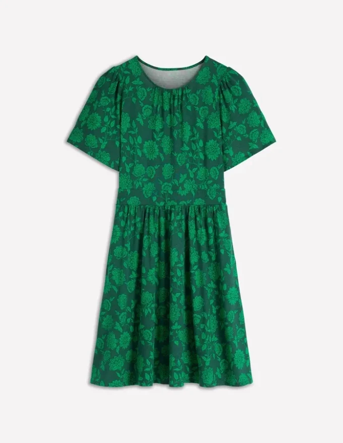 Louisa Short Jersey Dress Midnight Teal, Floral Frenzy