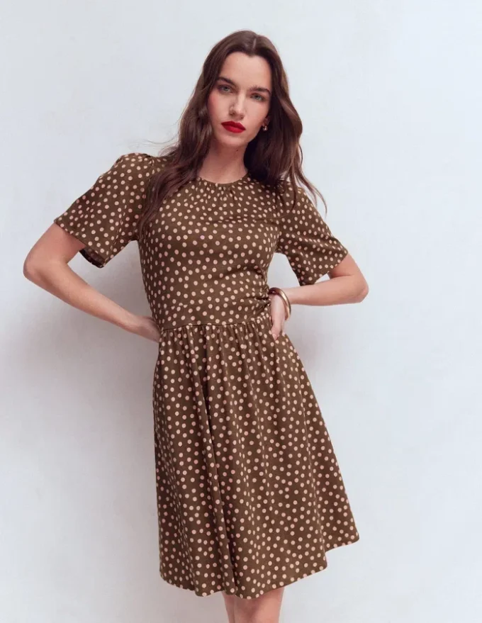 Louisa Short Jersey Dress Raw Umber, Painted Dot Louisa Short Jersey Dress Raw Umber, Painted Dot