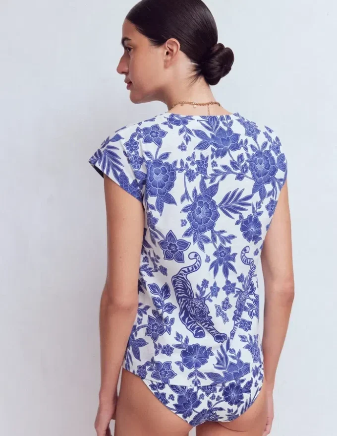 Louisa Slub T-Shirt Blue Tigers Paradise Placement Louisa Slub T-Shirt Blue Tigers Paradise Placement