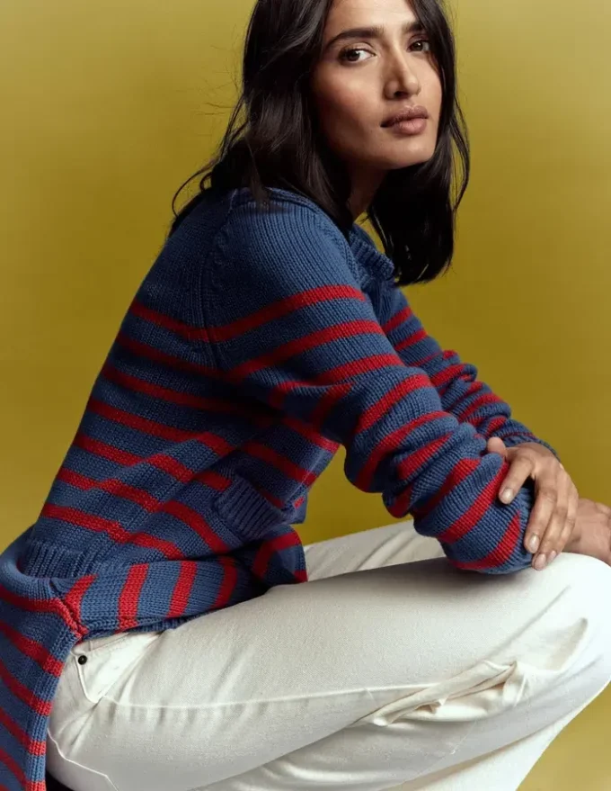Lucy Chunky Cotton Cardigan Soft Navy and Red Stripe Lucy Chunky Cotton Cardigan Soft Navy and Red Stripe