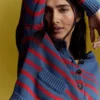 Lucy Chunky Cotton Cardigan Soft Navy and Red Stripe Lucy Chunky Cotton Cardigan Soft Navy and Red Stripe