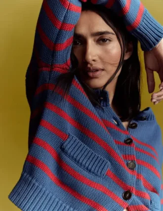 Lucy Chunky Cotton Cardigan Soft Navy and Red Stripe