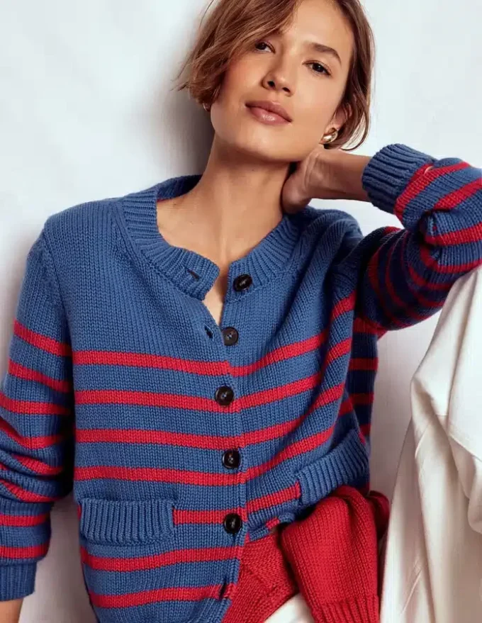 Lucy Chunky Cotton Cardigan Soft Navy and Red Stripe Lucy Chunky Cotton Cardigan Soft Navy and Red Stripe