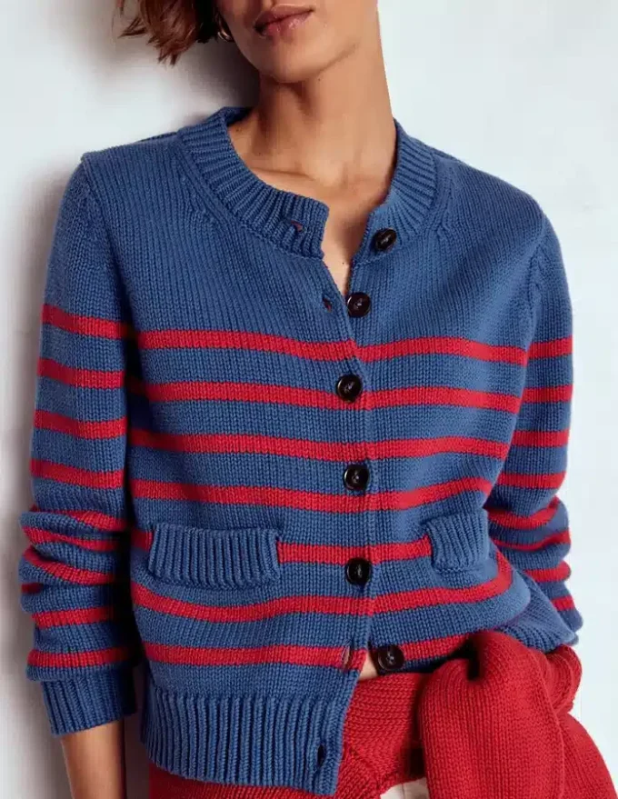 Lucy Chunky Cotton Cardigan Soft Navy and Red Stripe Lucy Chunky Cotton Cardigan Soft Navy and Red Stripe