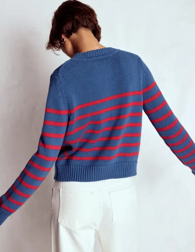 Lucy Chunky Cotton Cardigan Soft Navy and Red Stripe Lucy Chunky Cotton Cardigan Soft Navy and Red Stripe