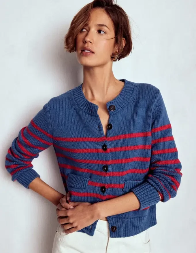 Lucy Chunky Cotton Cardigan Soft Navy and Red Stripe Lucy Chunky Cotton Cardigan Soft Navy and Red Stripe