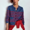 Lucy Chunky Cotton Cardigan Soft Navy and Red Stripe Lucy Chunky Cotton Cardigan Soft Navy and Red Stripe