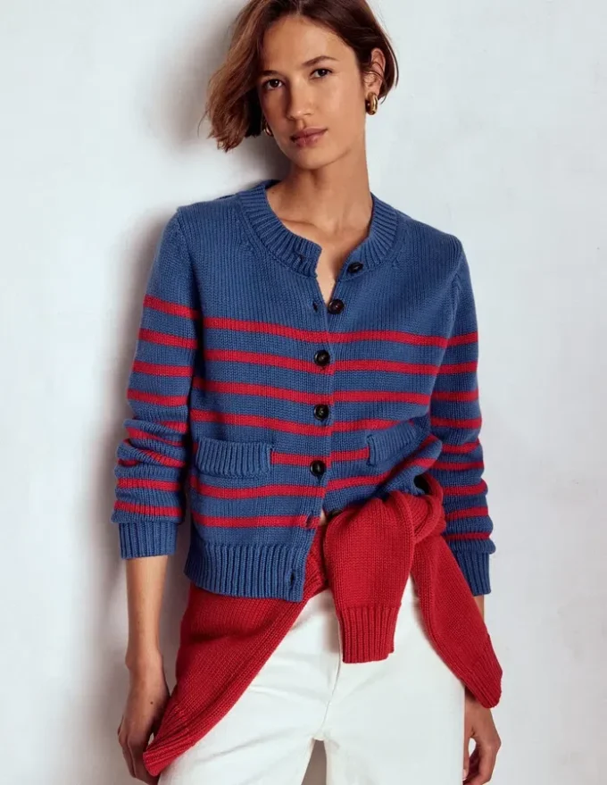 Lucy Chunky Cotton Cardigan Soft Navy and Red Stripe Lucy Chunky Cotton Cardigan Soft Navy and Red Stripe