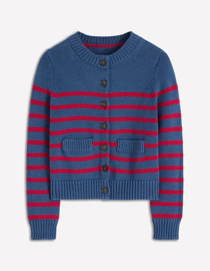 Lucy Chunky Cotton Cardigan Soft Navy and Red Stripe Lucy Chunky Cotton Cardigan Soft Navy and Red Stripe