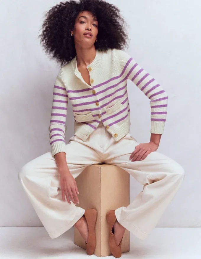 Lucy Chunky Cotton Cardigan Warm Ivory/ Mulberry Purple Lucy Chunky Cotton Cardigan Warm Ivory/ Mulberry Purple
