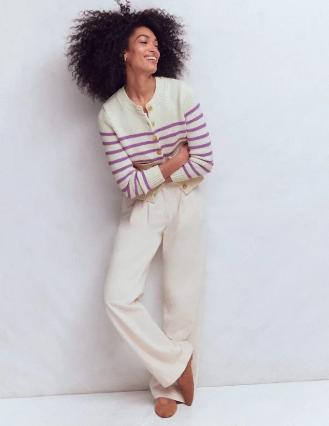 Lucy Chunky Cotton Cardigan Warm Ivory/ Mulberry Purple Lucy Chunky Cotton Cardigan Warm Ivory/ Mulberry Purple