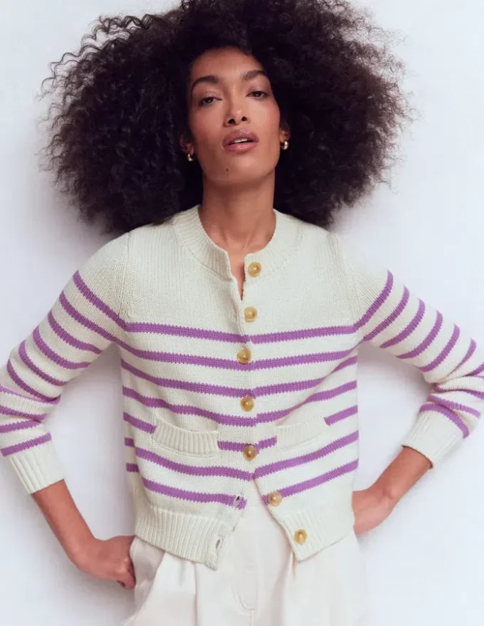 Lucy Chunky Cotton Cardigan Warm Ivory/ Mulberry Purple Lucy Chunky Cotton Cardigan Warm Ivory/ Mulberry Purple