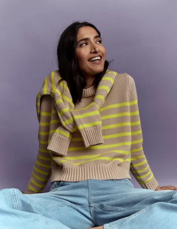 Lucy Chunky Cotton Sweater Camel Melange, Neon Stripe Lucy Chunky Cotton Sweater Camel Melange, Neon Stripe