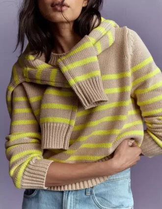 Lucy Chunky Cotton Sweater Camel Melange, Neon Stripe