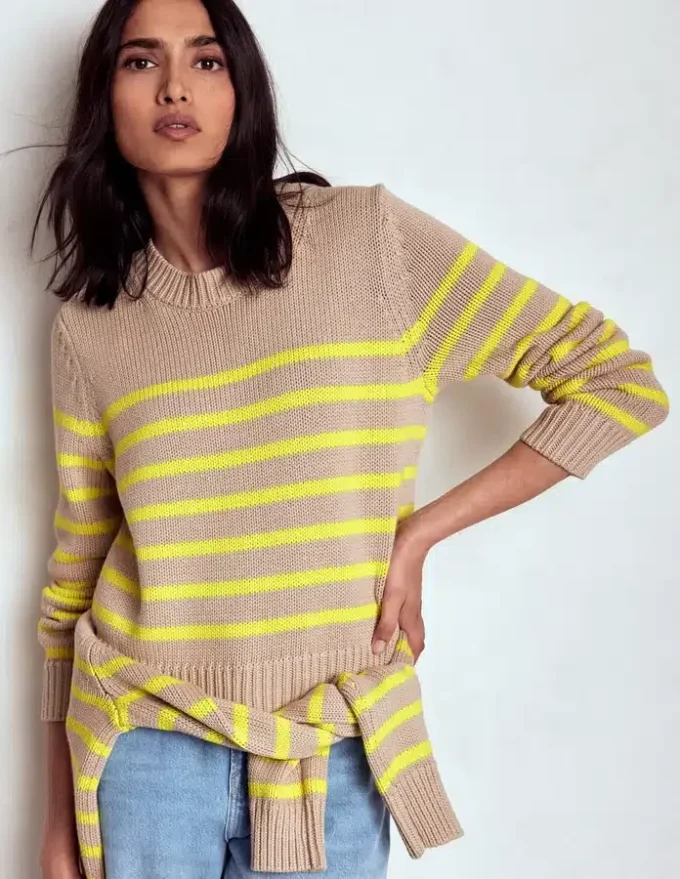 Lucy Chunky Cotton Sweater Camel Melange, Neon Stripe Lucy Chunky Cotton Sweater Camel Melange, Neon Stripe