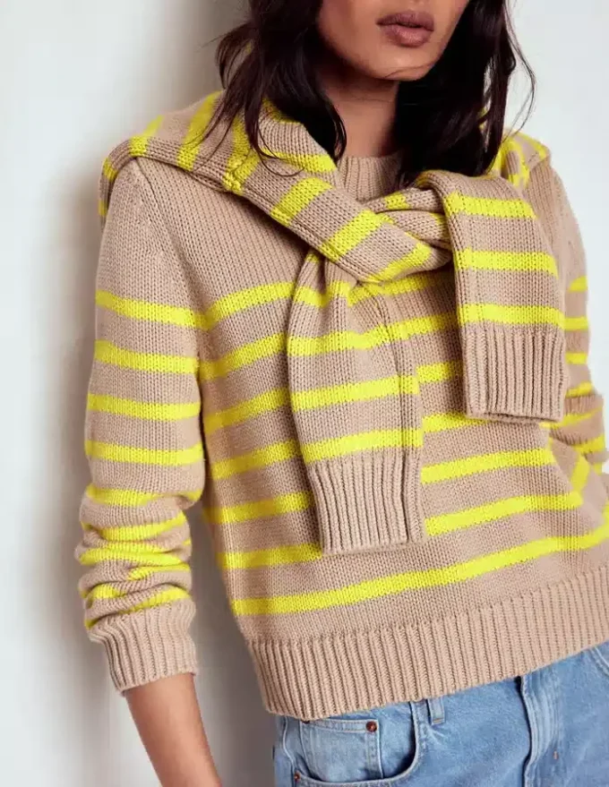 Lucy Chunky Cotton Sweater Camel Melange, Neon Stripe Lucy Chunky Cotton Sweater Camel Melange, Neon Stripe