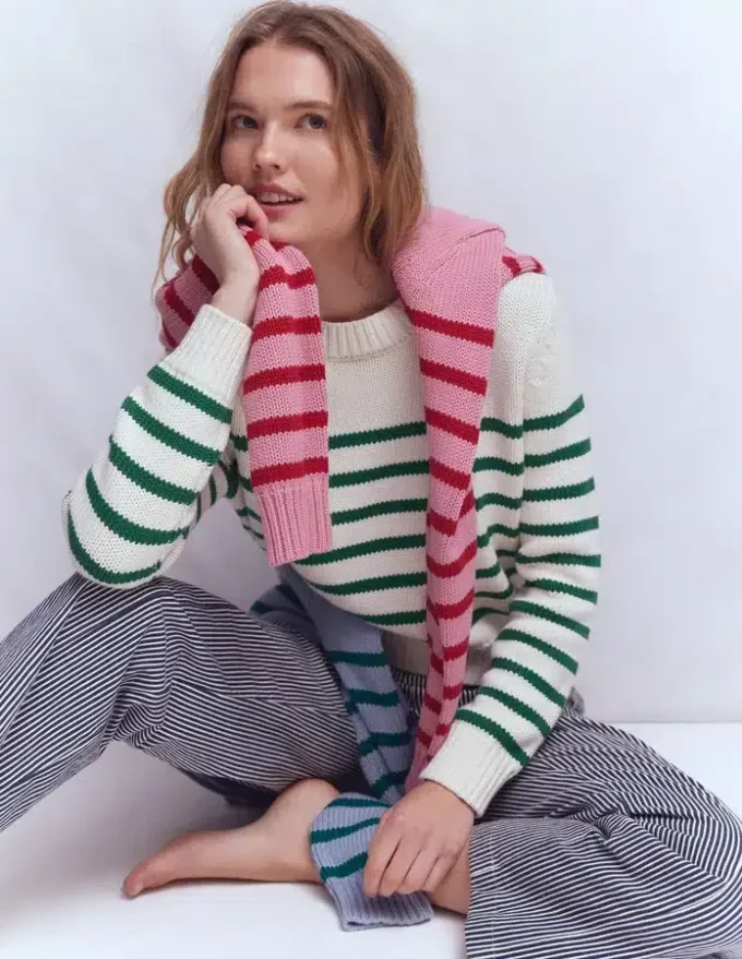 Lucy Chunky Cotton Sweater Ivory and Jewel Green Stripe Lucy Chunky Cotton Sweater Ivory and Jewel Green Stripe