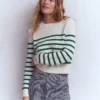 Lucy Chunky Cotton Sweater Ivory and Jewel Green Stripe Lucy Chunky Cotton Sweater Ivory and Jewel Green Stripe