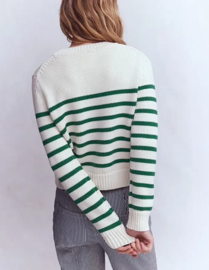 Lucy Chunky Cotton Sweater Ivory and Jewel Green Stripe Lucy Chunky Cotton Sweater Ivory and Jewel Green Stripe
