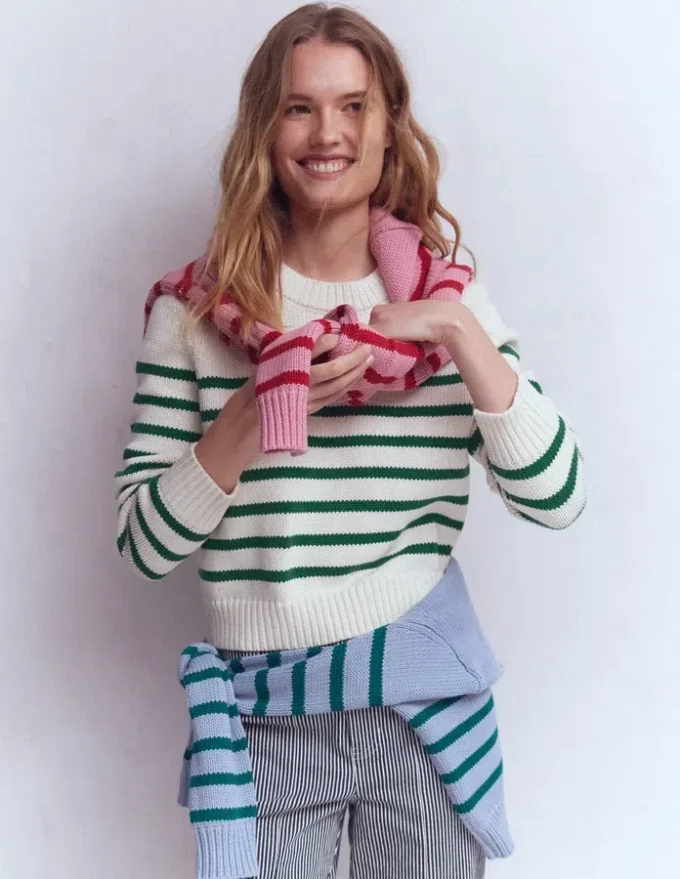 Lucy Chunky Cotton Sweater Ivory and Jewel Green Stripe Lucy Chunky Cotton Sweater Ivory and Jewel Green Stripe