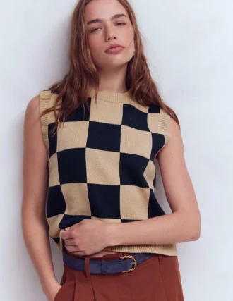 Lucy Cotton Vest Camel / Navy Check