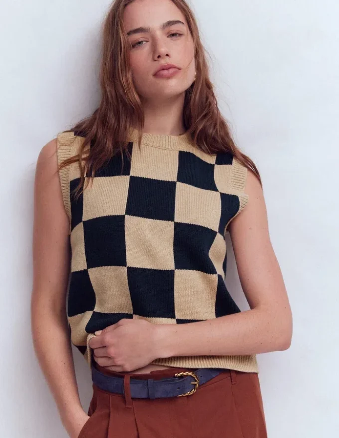 Lucy Cotton Vest Camel / Navy Check Lucy Cotton Vest Camel / Navy Check