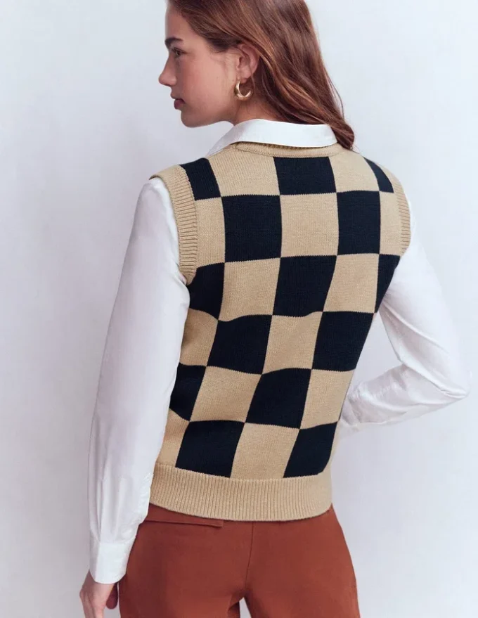 Lucy Cotton Vest Camel / Navy Check Lucy Cotton Vest Camel / Navy Check