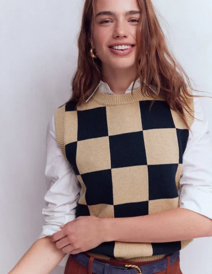 Lucy Cotton Vest Camel / Navy Check Lucy Cotton Vest Camel / Navy Check