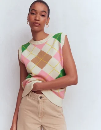 Lucy Cotton Vest Green, Pink Argyle