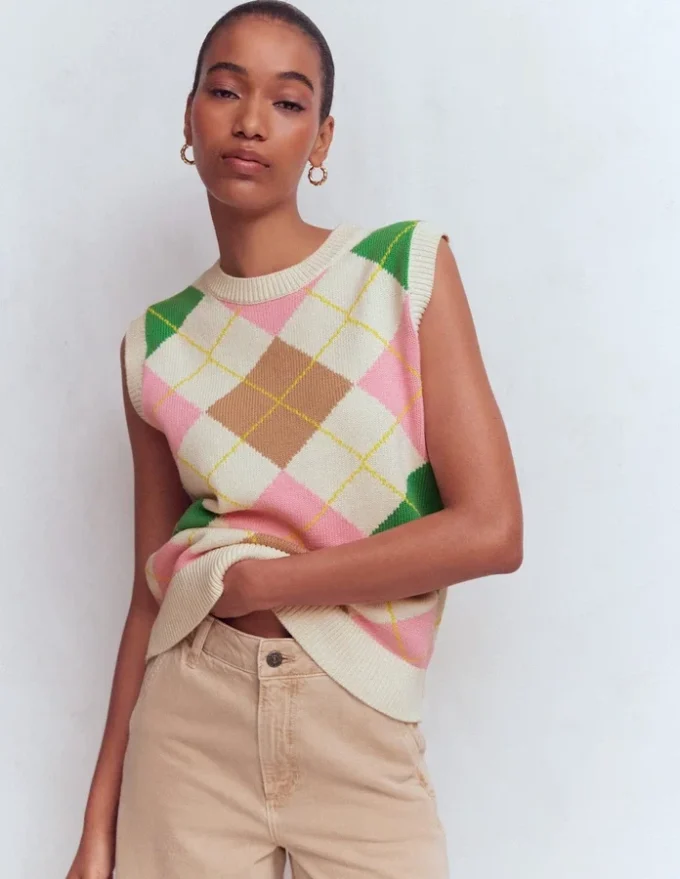 Lucy Cotton Vest Green, Pink Argyle Lucy Cotton Vest Green, Pink Argyle