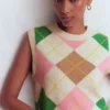 Lucy Cotton Vest Green, Pink Argyle Lucy Cotton Vest Green, Pink Argyle