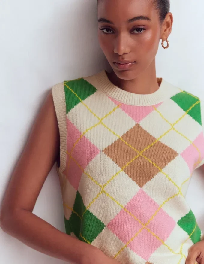 Lucy Cotton Vest Green, Pink Argyle Lucy Cotton Vest Green, Pink Argyle