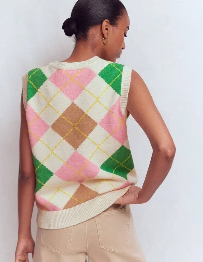 Lucy Cotton Vest Green, Pink Argyle Lucy Cotton Vest Green, Pink Argyle