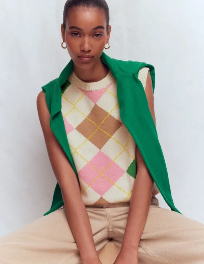 Lucy Cotton Vest Green, Pink Argyle Lucy Cotton Vest Green, Pink Argyle
