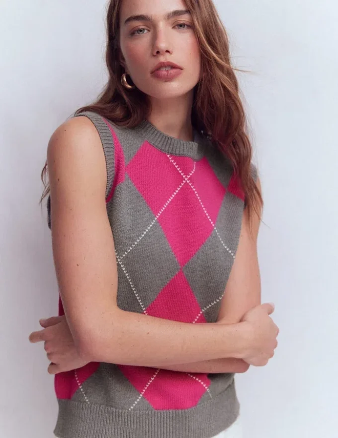 Lucy Cotton Vest Pink/Grey Argyle Lucy Cotton Vest Pink/Grey Argyle