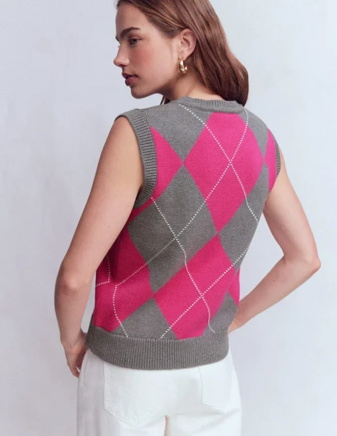 Lucy Cotton Vest Pink/Grey Argyle Lucy Cotton Vest Pink/Grey Argyle
