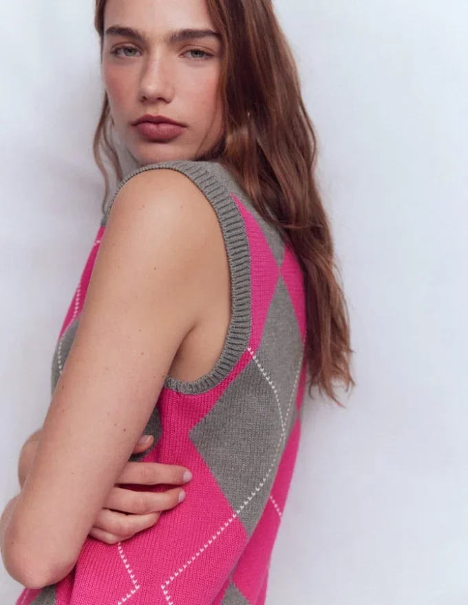 Lucy Cotton Vest Pink/Grey Argyle Lucy Cotton Vest Pink/Grey Argyle