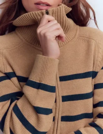 Lucy Half-zip Sweater Camel Melange, Navy Stripe