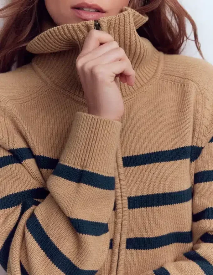 Lucy Half-zip Sweater Camel Melange, Navy Stripe Lucy Half-zip Sweater Camel Melange, Navy Stripe