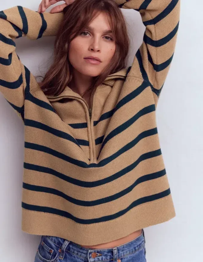 Lucy Half-zip Sweater Camel Melange, Navy Stripe Lucy Half-zip Sweater Camel Melange, Navy Stripe