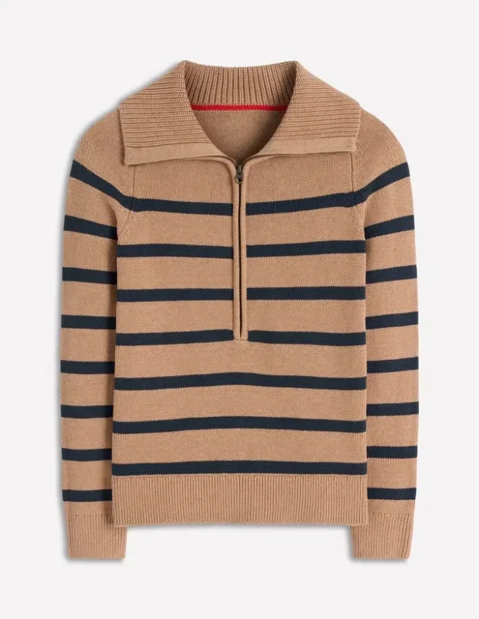 Lucy Half-zip Sweater Camel Melange, Navy Stripe Lucy Half-zip Sweater Camel Melange, Navy Stripe
