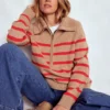 Lucy Half-zip Sweater Camel Melange, Red Stripe Lucy Half-zip Sweater Camel Melange, Red Stripe