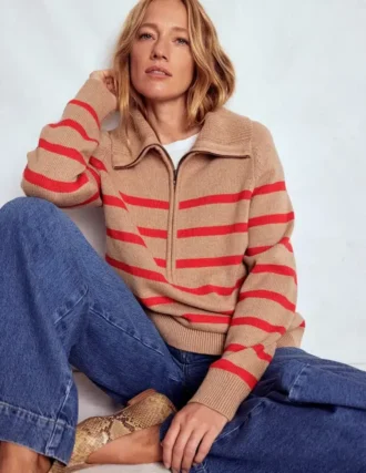 Lucy Half-zip Sweater Camel Melange, Red Stripe