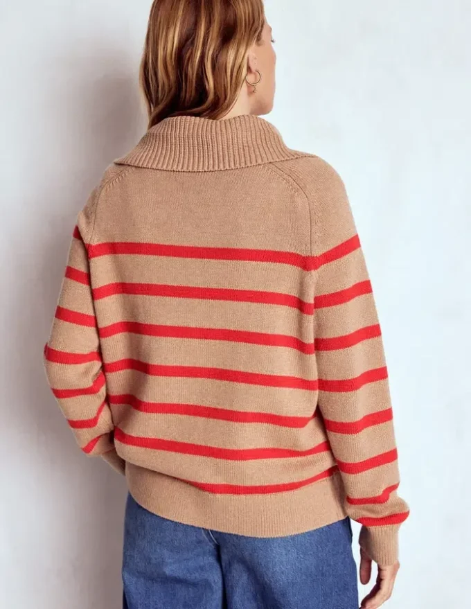 Lucy Half-zip Sweater Camel Melange, Red Stripe Lucy Half-zip Sweater Camel Melange, Red Stripe